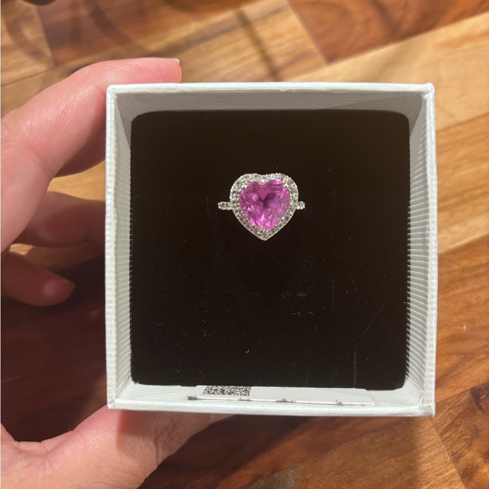 Lab-created heart 💗 shaped pink sapphire frame ring in 10k white gold